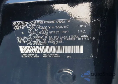 2016 Toyota Rav4 Xle from USA, damaged, VIN 2T3RFREV9GW487753